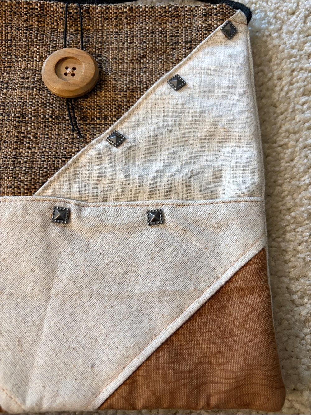 Handmade Boho Patchwork Crossbody Bag in Brown and Cream Tones with Studs - New - Picture 3 of 15